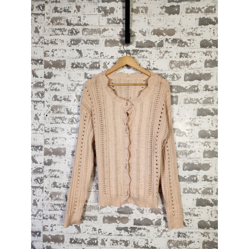 Cottagecore Romantic Cardigan 2XL Pink Crochet Look Eyelet Coquette Grandmacore